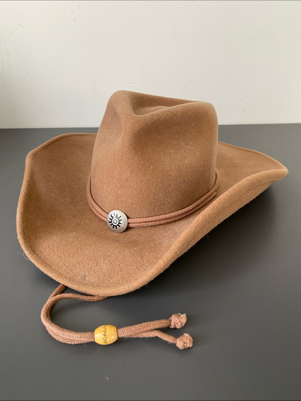 Scala Brown Wool Felt Cowboy Hat Decorative Concho Chin Strap Small Western